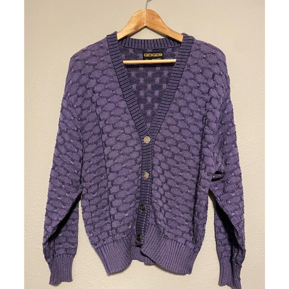 Geiger Sweaters - Vintage Geiger Womens Cardigan Size 40 US 10 Purple Chunky Knit Cotton Grandpa